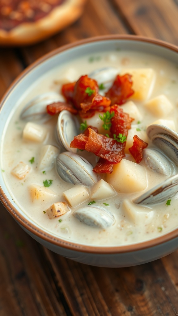 A bowl of clam chowder with clams, potatoes, bacon, and parsley on a rustic table.